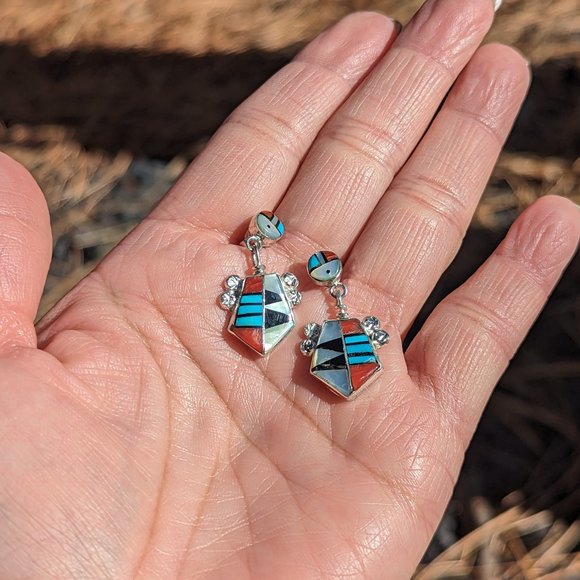 Zuni Earring Multi Stones Sterling Silver Inlay‎ Native American Jewelry *** - Picture 7 of 8